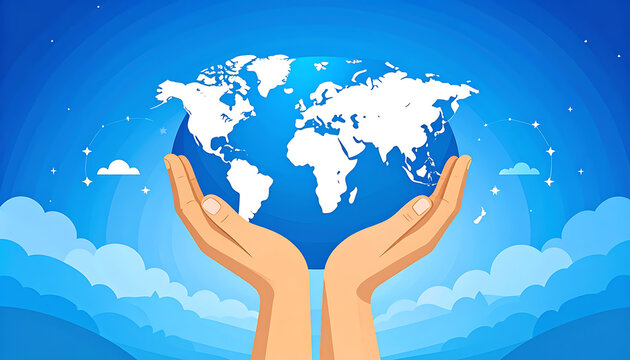 Pixelated world map held gently in cupped hands against a backdrop of blue sky and clouds, symbolizing global care and protection