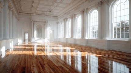 Naklejka premium Elegant, sunlit grand ballroom interior with ornate architecture and polished wooden floors