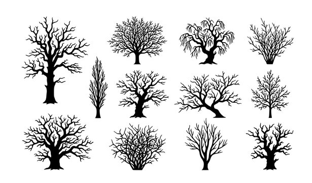 Black silhouette set of leafless trees with twisted branches, artistic and dramatic shapes, minimal flat vector style, clean edges, isolated on white background, suitable for decoration, logos, and se