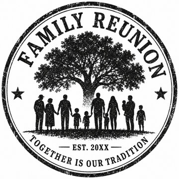 Monochrome family reunion stamp with grunge texture and silhouette family under tree