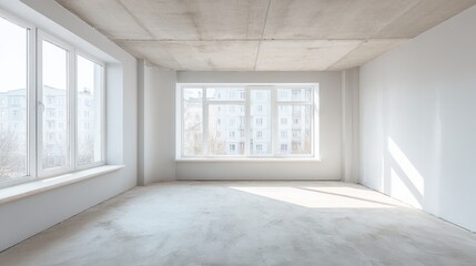 Fototapeta premium Bright empty room with large windows and concrete ceiling, ready for renovation or design