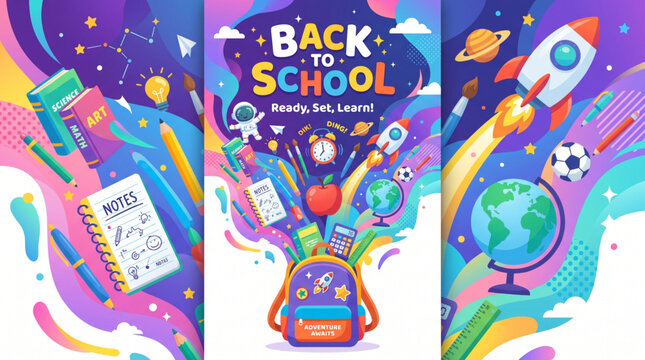 Back to school vector illustration with exploding backpack and space rocket with stationery on colorful background for academic science banner
