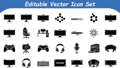 Editable vector icon set of gaming equipment monitors controllers and accessories with technology © graphicsobai