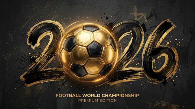 Football world championship 2026 vector illustration with golden ball and black brushstroke text on dark background for premium sports branding
