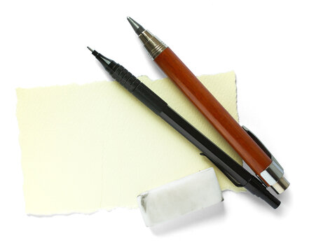 Art Drawing tools with eraser and torn paper isolated on transparent background, realistic shadow PNG design element
