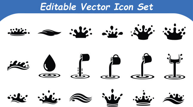 Editable vector icon set of water splashes drops ripples pouring liquid effects with pictogram