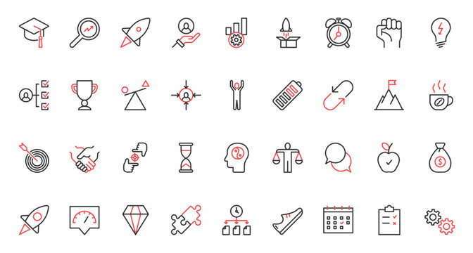 Vector illustration red black thin line icons set for productivity, skill growth, self-improvement, business training, education business training staff, development multitasking concentration mission