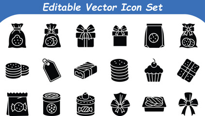 Naklejka premium Holiday gifts sweets confectionery silhouette vector icon set with confectionery, chocolate