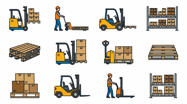 Warehouse Logistics and Material Handling Equipment Icons.