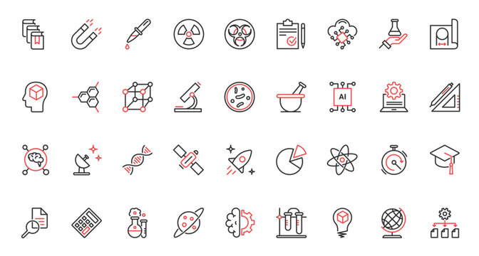 Vector illustration trendy red black thin line icons set science research technology, scientific laboratory equipment symbols, knowledge study chemistry, physics, biology in university, data analysis