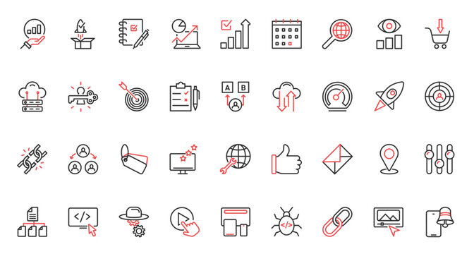 Vector illustration trendy red black thin line icons set SEO online business technology, social media campaign audience support, creative idea content communication, digital marketing process