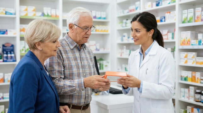 Pharmacist assisting senior couple choosing medication in modern pharmacy