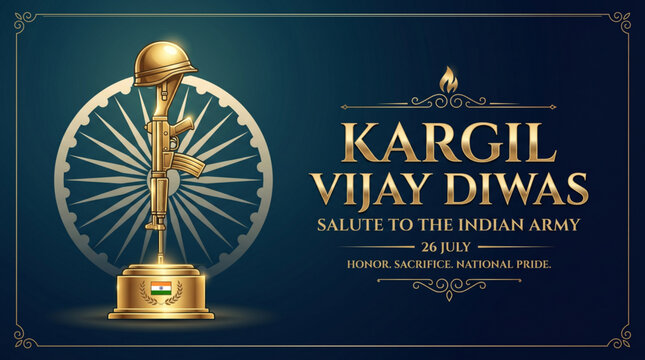 Kargil vijay diwas vector illustration with golden soldier memorial and Ashoka Chakra on dark background for Indian army honor tribute banner

