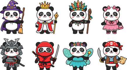 Cute panda character set wearing costumes including wizard king tribal princess samurai ninja fairy pirate for nursery kids party celebration education vector illustration collection design stickers i © Sariful