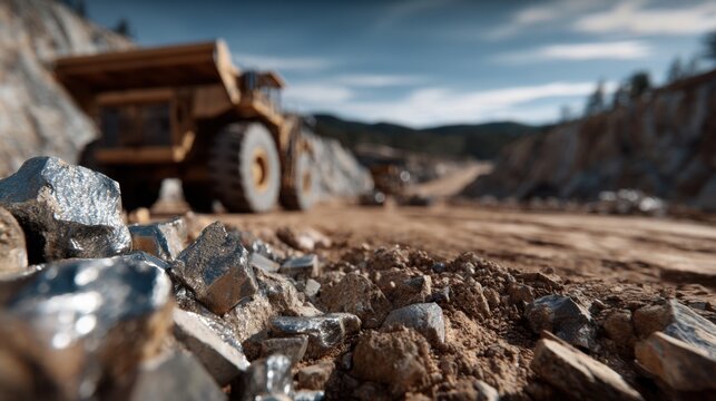Large Yellow Mining Dump Truck in Open Pit Quarry with Rocks and Soil in Foreground