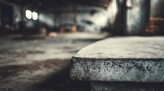 Close up of rough concrete ledge in a dark industrial warehouse.