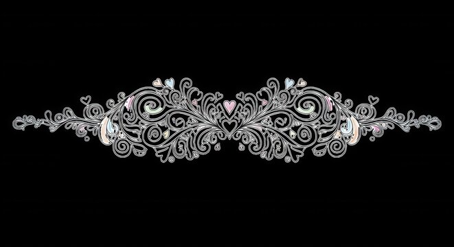 Symmetrical silver filigree ornament with swirling floral scrolls, intricate vine patterns, and small pastel heart accents on a black background