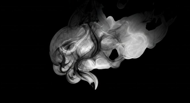 Swirling plumes of white smoke and gray vapor clouds isolated against a solid black background, creating abstract flowing patterns