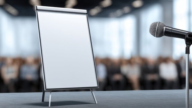 Blank Flip Chart and Microphone on Stage in Conference Hall Ready for Presentation