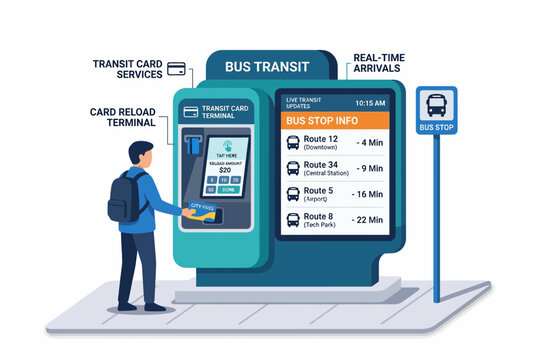 Modern Bus Transit Kiosk with Touchless Payment Terminal