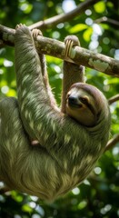 Obraz premium Slow Moving Sloth Hanging Upside Down From a Tree Branch