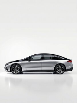 Electric sedan side profile in white studio, silver metallic