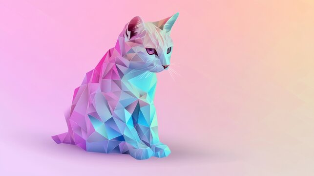 Polygonal cat model in bright colors sitting on a soft background with a blend of colors during daylight