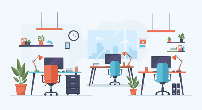 Modern office setup with three workstations, computers, chairs, plants, and cityscape view