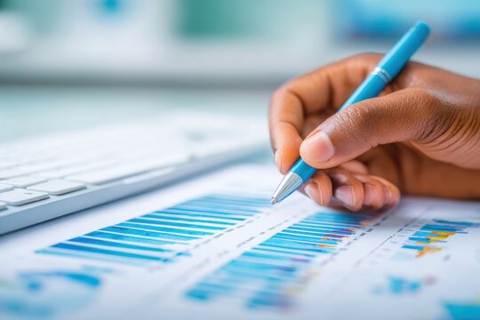 Close-up of hand holding pen analyzing financial data charts and graphs on desk with keyboard