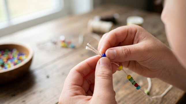 Close-up of hands carefully threading vibrant beads onto a string for DIY jewelry making. Soft natural lighting highlights the crafting process, ideal for creative, educational, and lifestyle content 