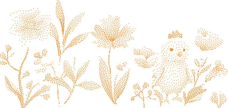 Whimsical chick with flowers in stippled gold on white background
