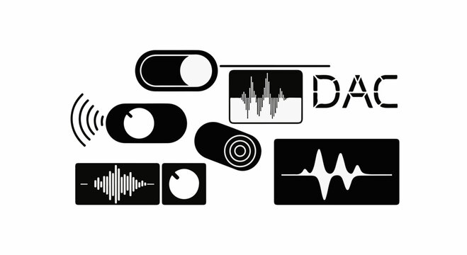Digital audio interface icons with sound wave graphics and 'DAC' text