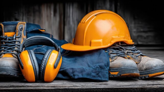 Essential Industrial Safety Gear: Hard Hat, Ear Defenders, Work Boots, and Workwear