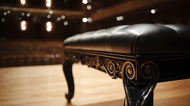 Elegant Vintage Piano Bench on Empty Theater Stage.