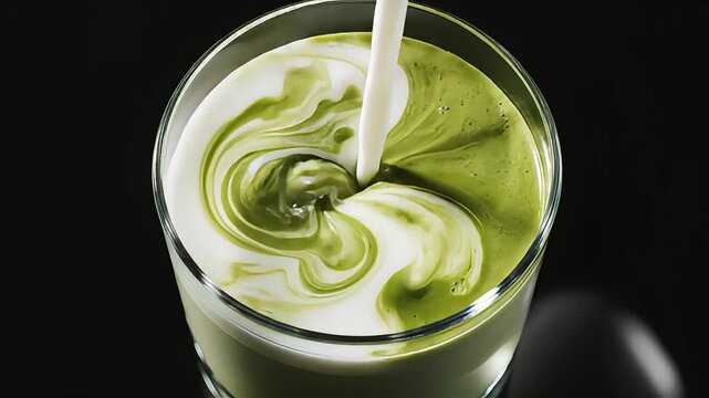 Luxury Matcha Milk Pour Top View Dark Background