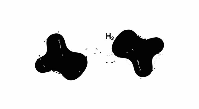 Abstract representation of a hydrogen molecule with flowing shapes and particles.
