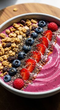 Vibrant acai smoothie bowl with fresh berries and granola, healthy breakfast bowl with strawberries and blueberries, organic fruit yogurt bowl