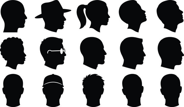 Human head silhouette collection with diverse profiles hairstyles hats and front views vector avatar icon set