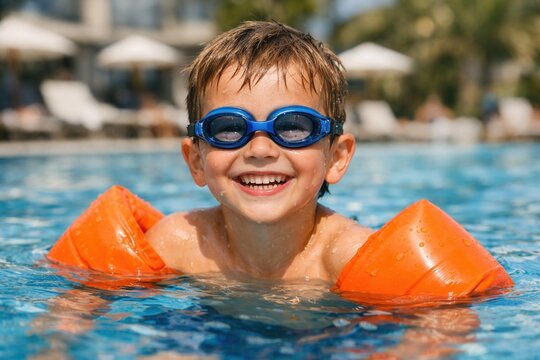 Happy child swimming in pool with goggles and arm float enjoying summer vacation fun water activity