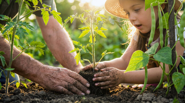 Child and grandparent hands planting young tomato plant in garden soil