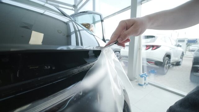 Close Up of Professional Detailer Applying Transparent Paint Protection Film on a Car Hood