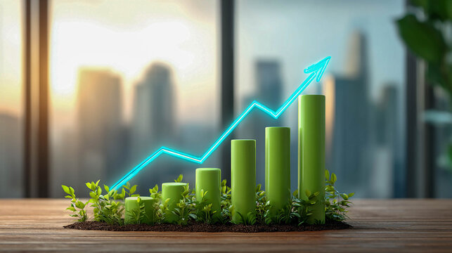 A green histogram of wooden bars growing out of leaves, with a glowing arrow pointing upwards against the backdrop of a blurred city.