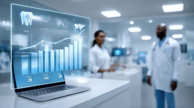 Futuristic Medical Data Analysis and Healthcare Technology Display with Professionals in Background