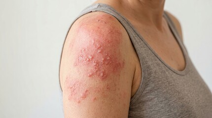Naklejka premium Woman showing shingles skin rash on shoulder. Herpes zoster virus breakout with red blister and inflammation. Chickenpox symptom, discomfort and dermatological skin disease concept.