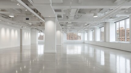 Naklejka premium Bright, modern, empty white office space with large windows and polished concrete floors, ready for customization.