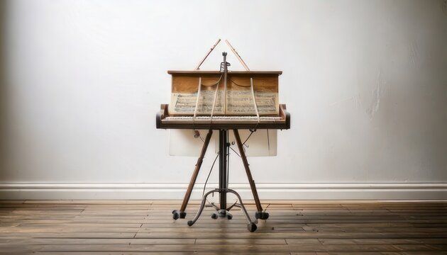 Antique music box on stand against a white wall.