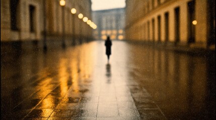 Fototapeta premium A solitary figure walks on a rainy street. AI Generate