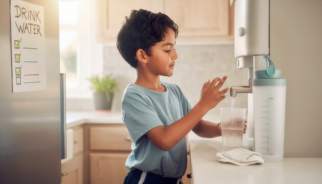 Young boy pouring water from kitchen dispenser into cup, establishing healthy hydration habits at home with tracker chart in bright sunlight