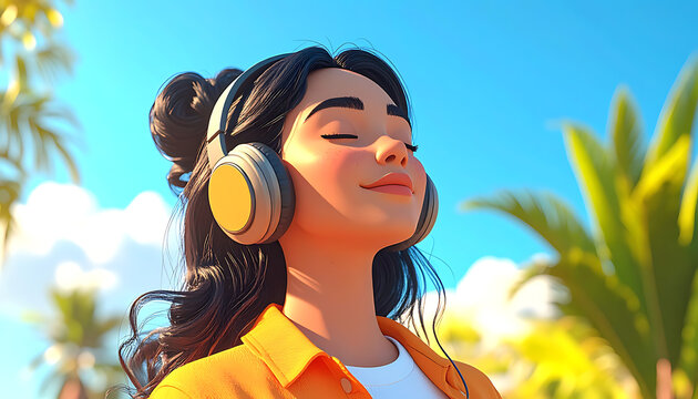 Pixelated portrait of a young woman with eyes closed enjoying music through headphones on a sunny day with palm trees and blue sky