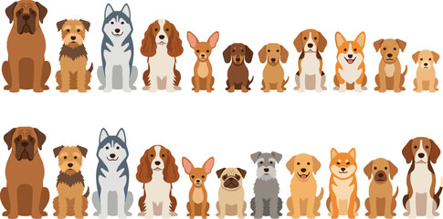 Dog Breeds Collection Vector Illustration Featuring Various Puppies and Adult Dogs Including Husky Beagle Bulldog Pug Terrier Corgi and Mixed Breeds for Pet Design. © MstSuborna